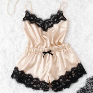2-Piece Silk Lace Casual Women Satin Short Nightwear