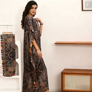 Designer Silk Printed Robes With Headscarf Ethnic Style