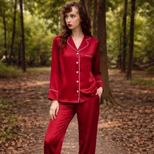 Elegant Long Sleeve Women Solid Silk Pajamas Set