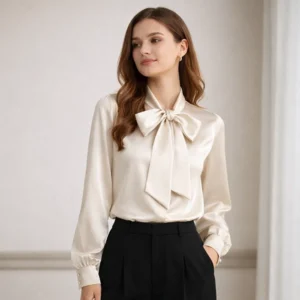 Long Sleeve Silk Shirt Womens Bow Tie