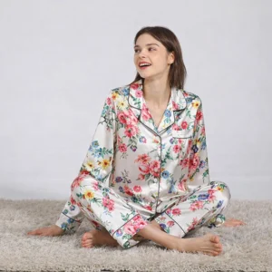 Women's Spring Summer Long Sleeve Floral Silk Pajama