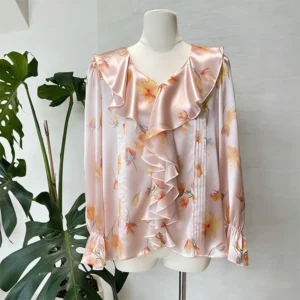 printed silk shirt womens Ruffle Collar